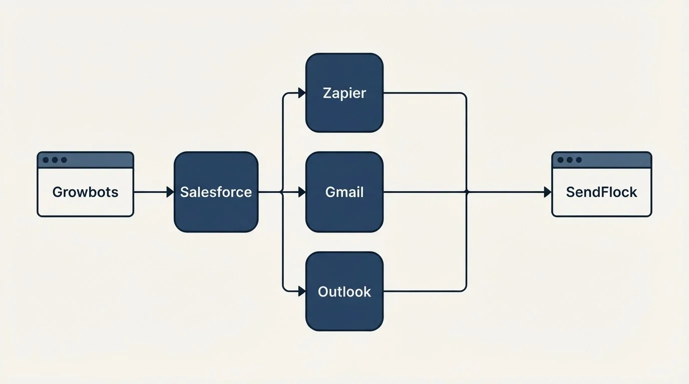 Integration flow: Integration Ecosystem (Growbots, SendFlock, Zapier, Gmail)