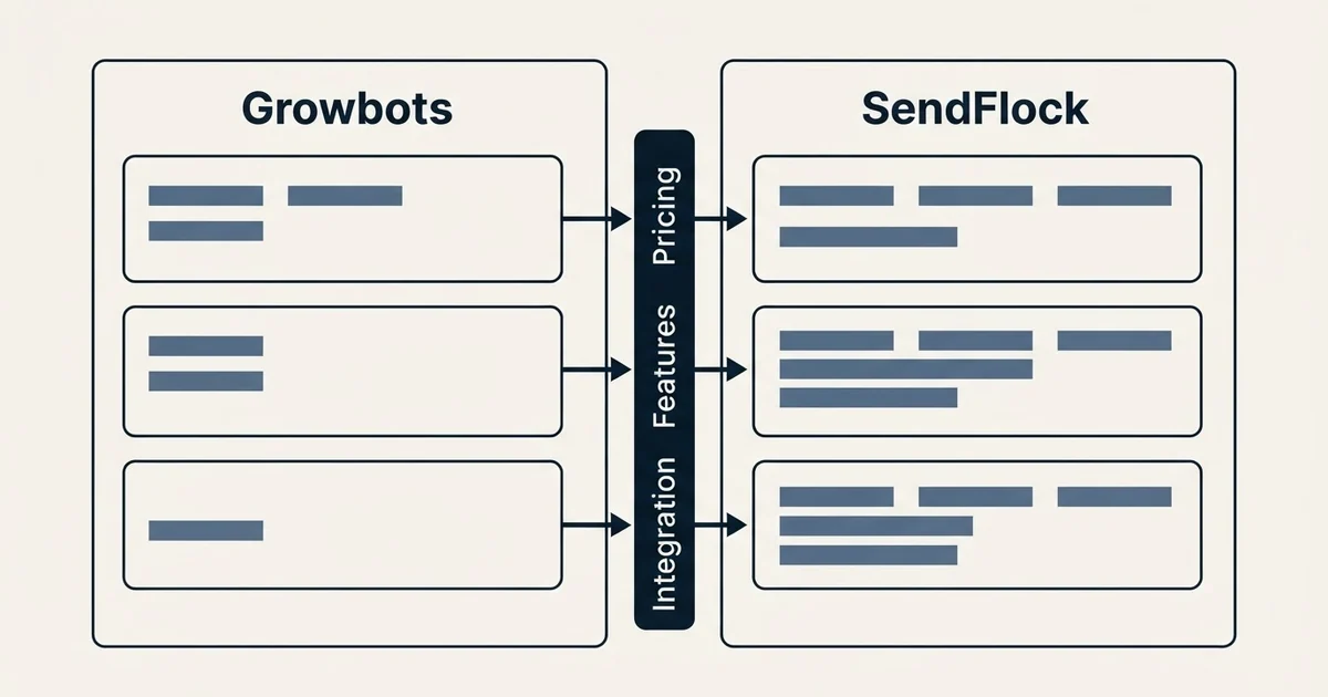 Comparison panel: Growbots vs SendFlock (Pricing, Features, Integration)