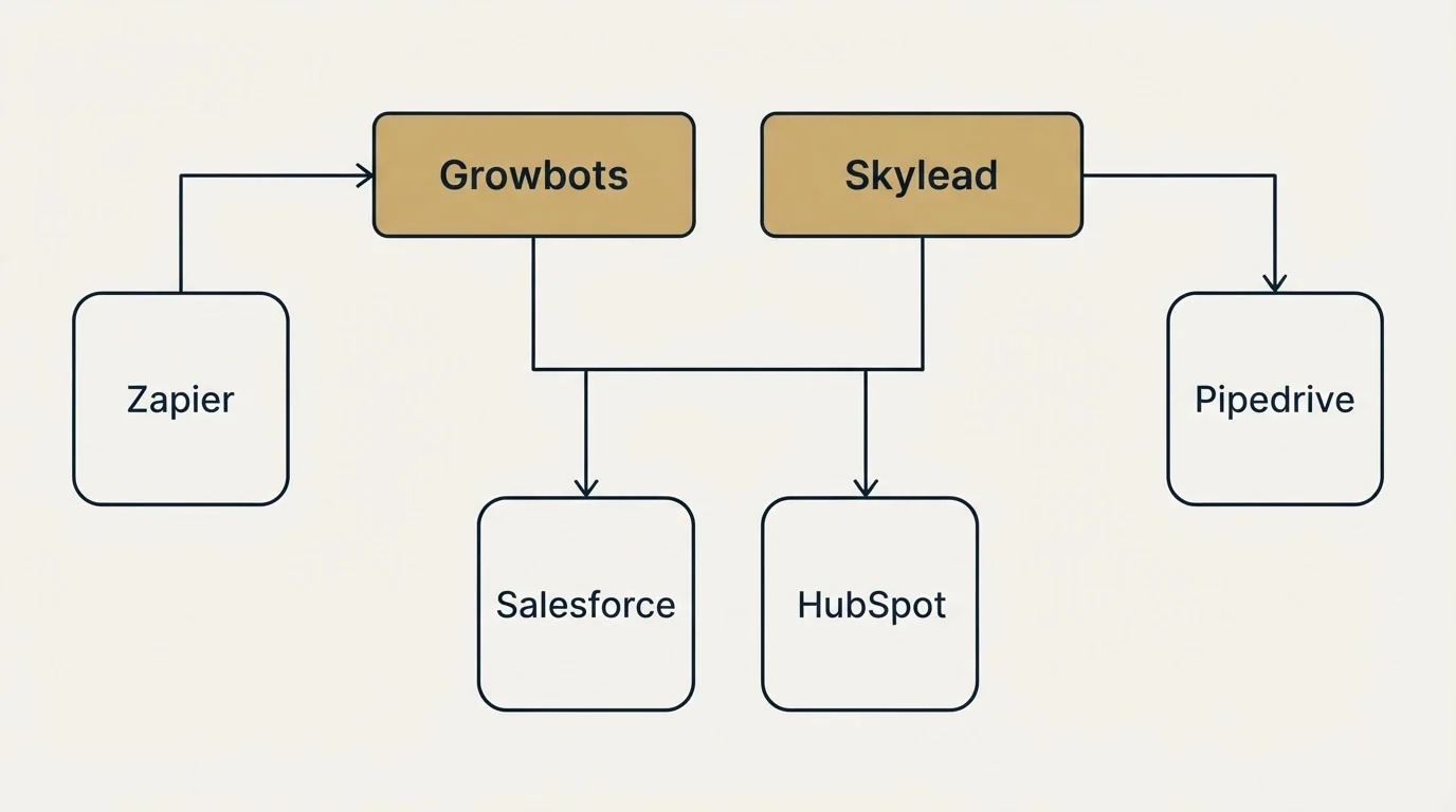 Integration grid: Integration Ecosystem (Growbots, Skylead, Salesforce, HubSpot)