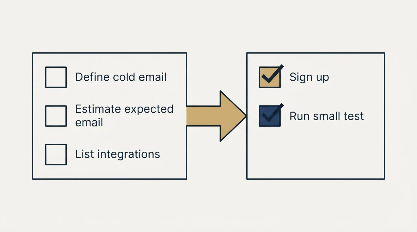 Before-and-after steps: Getting Started Checklist (Define cold email, Estimate expected email, List integrations, Sign up)