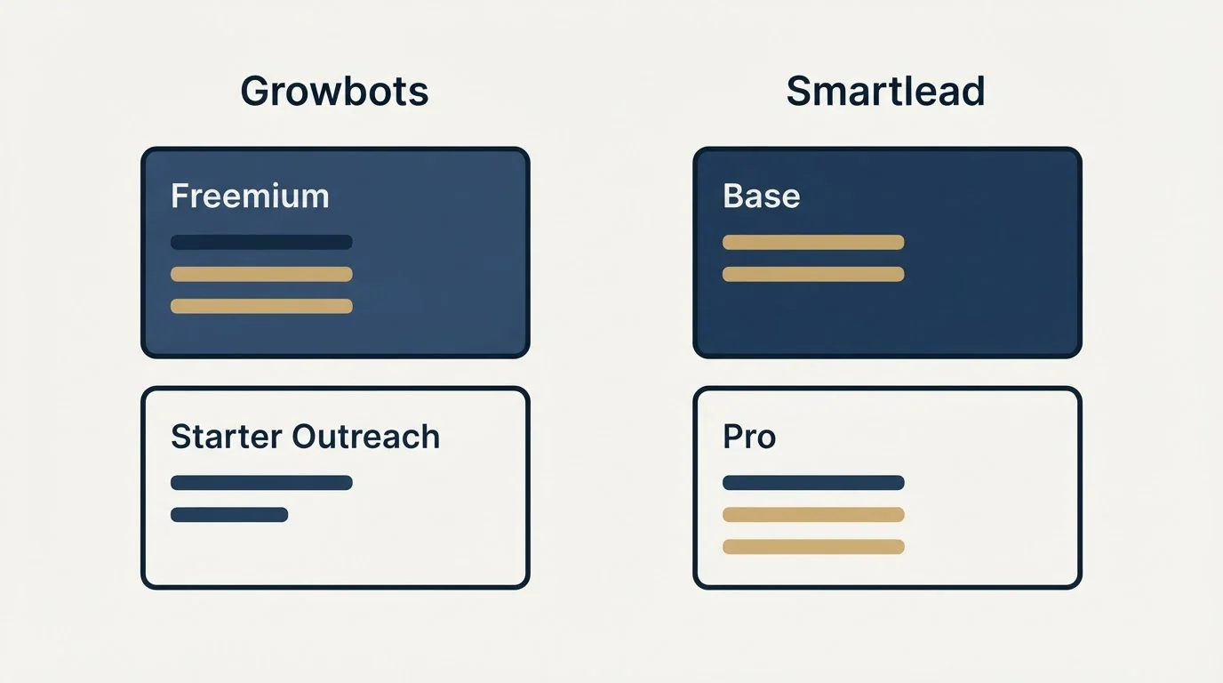 Pricing panels: Pricing Comparison (Growbots, Smartlead, Freemium, Base)