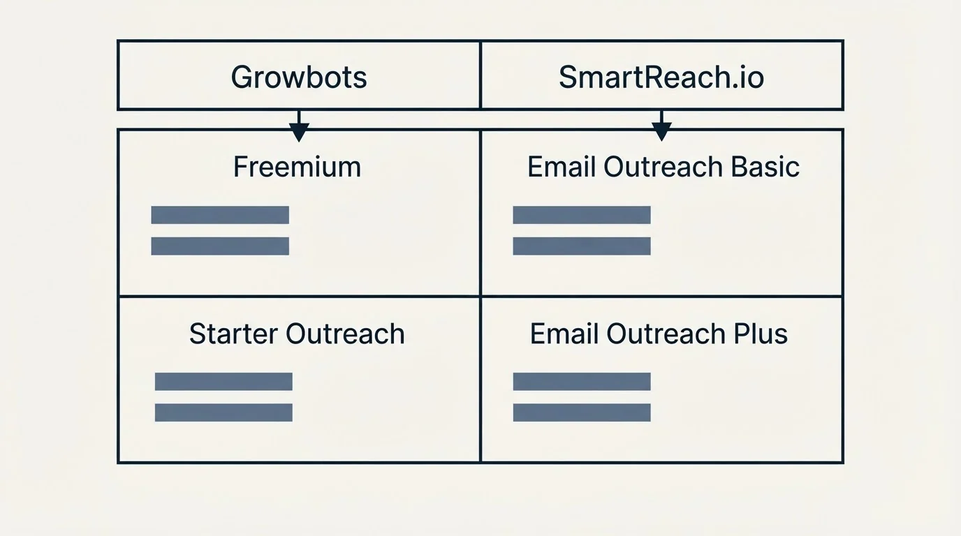 Pricing table: Pricing Comparison (Growbots, SmartReach.io, Freemium, Email Outreach Basic)