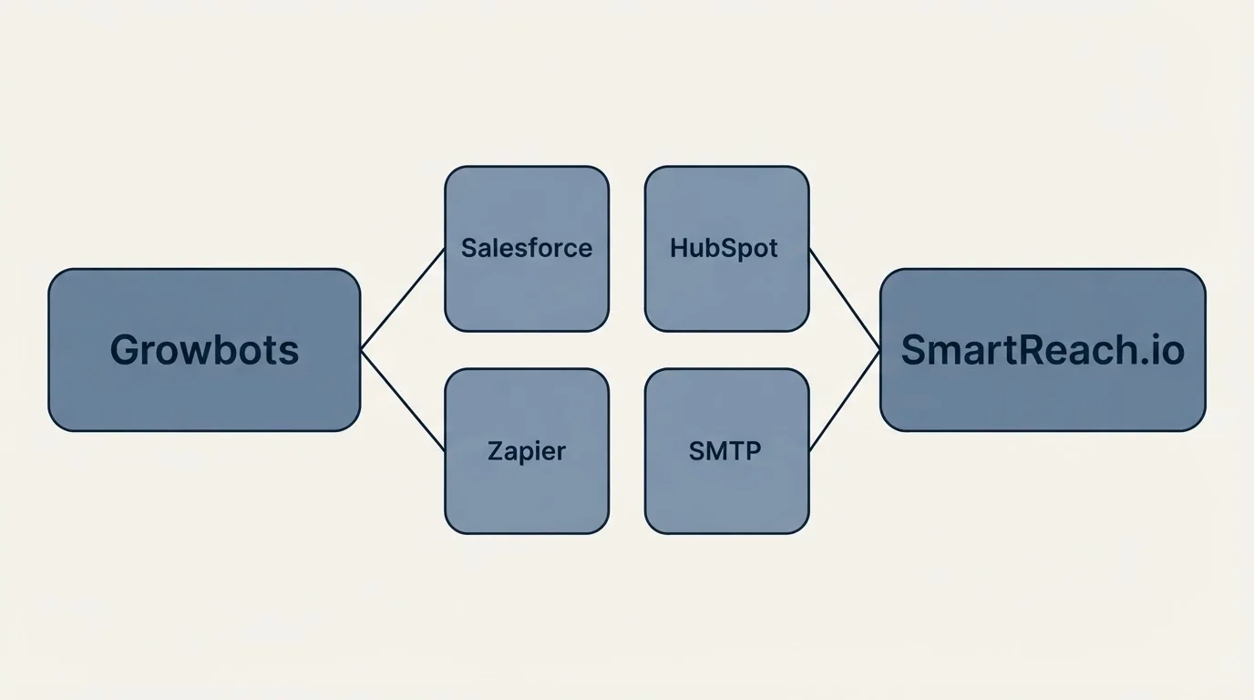 Integration schematic: Integration Ecosystem (Growbots, SmartReach.io, Salesforce, HubSpot)