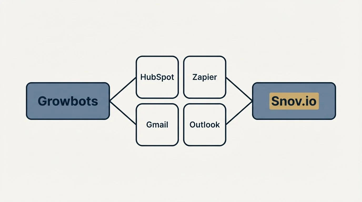 Integration schematic: Integration Ecosystem (Growbots, Snov.io, HubSpot, Zapier)