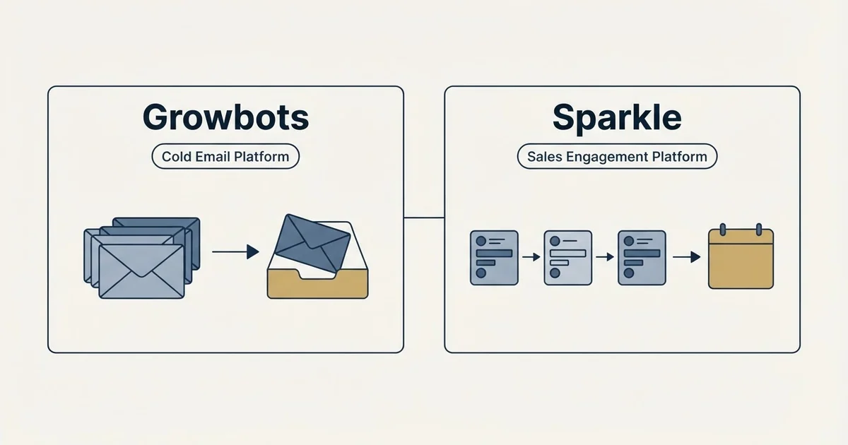 Side-by-side panels: Growbots vs Sparkle (Cold Email Platform, Sales Engagement Platform)