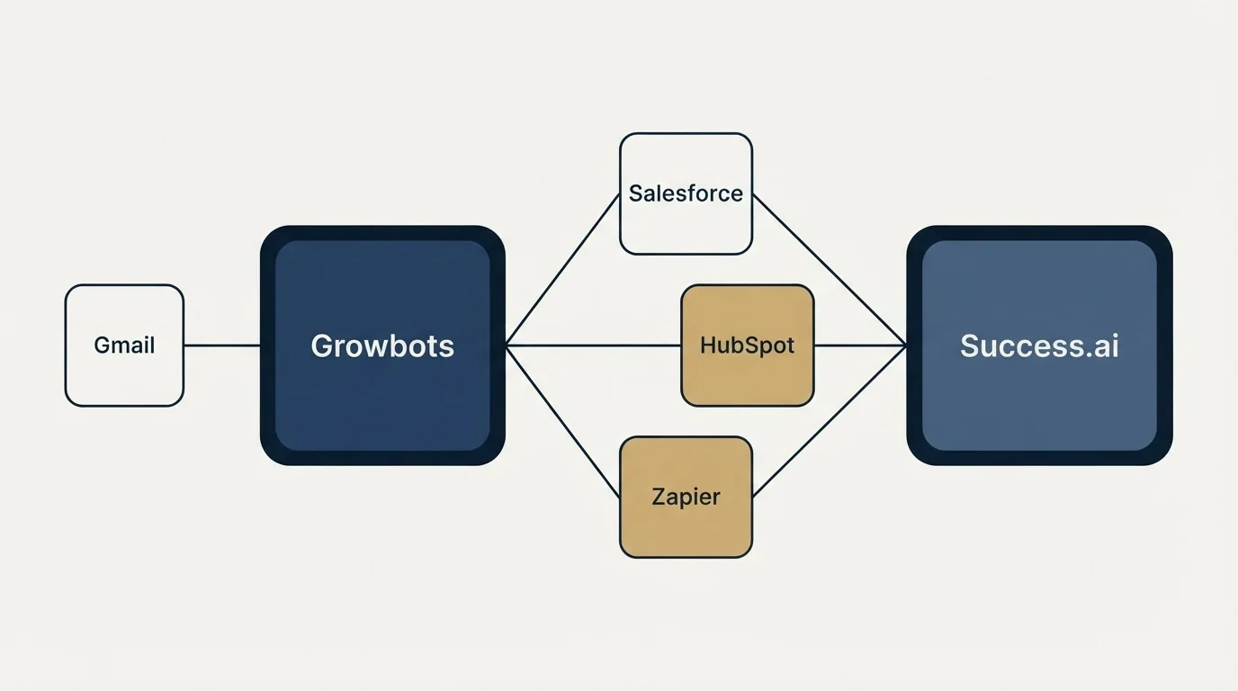 Integration schematic: Integration Ecosystem (Growbots, Success.ai, Salesforce, HubSpot)