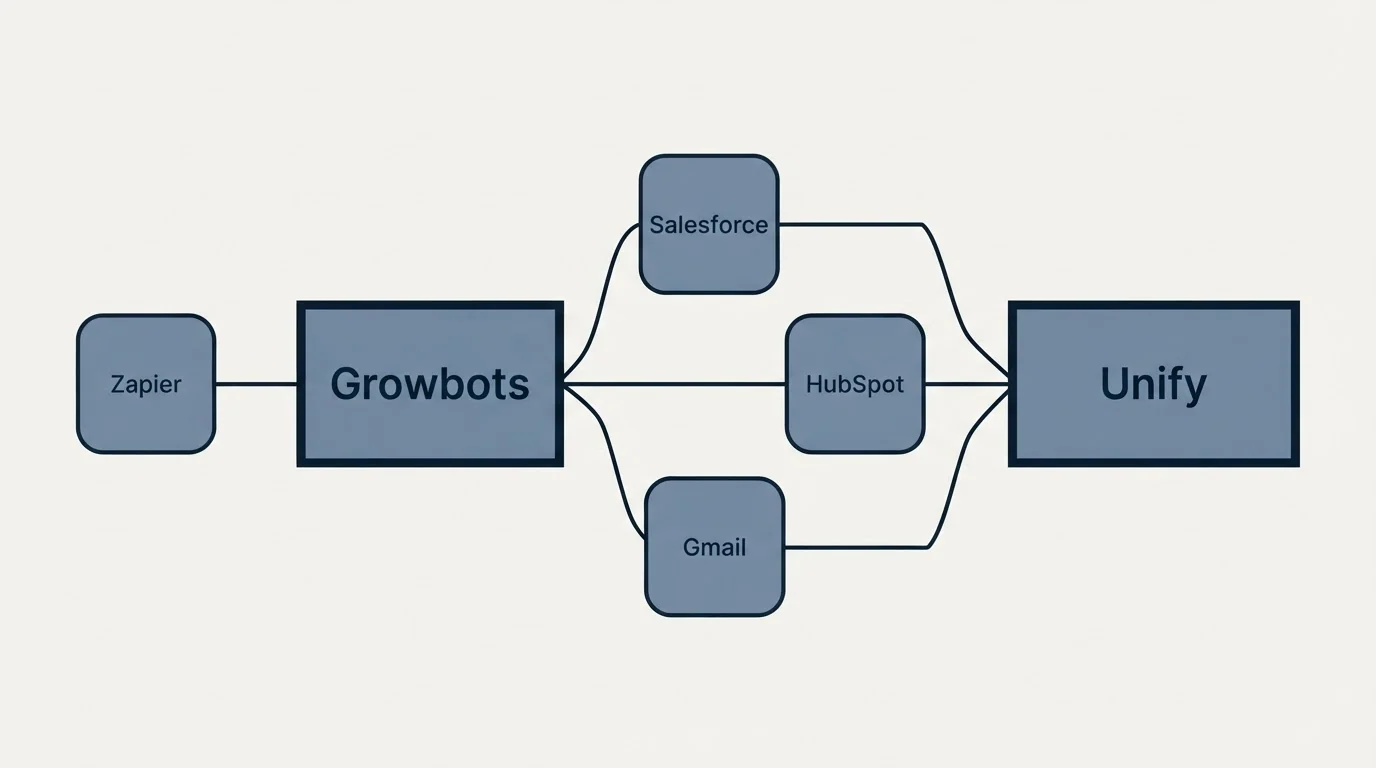 Integration schematic: Integration Ecosystem (Growbots, Unify, Salesforce, HubSpot)