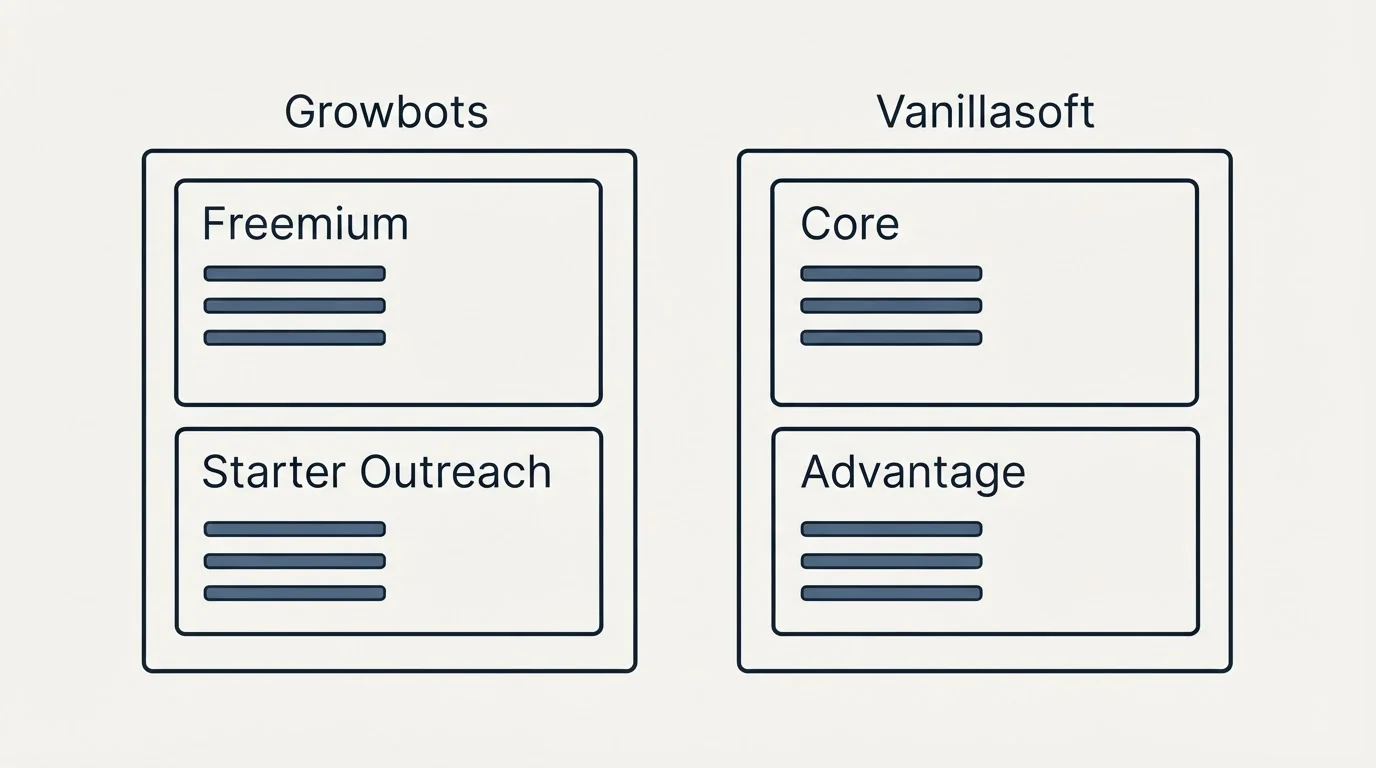 Pricing panels: Pricing Comparison (Growbots, Vanillasoft, Freemium, Core)