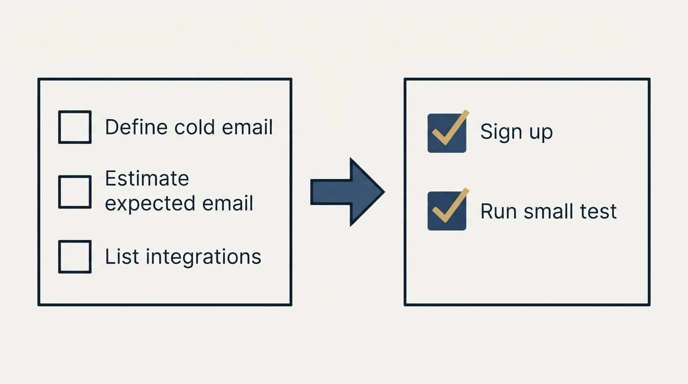 Before-and-after steps: Getting Started Checklist (Define cold email, Estimate expected email, List integrations, Sign up)