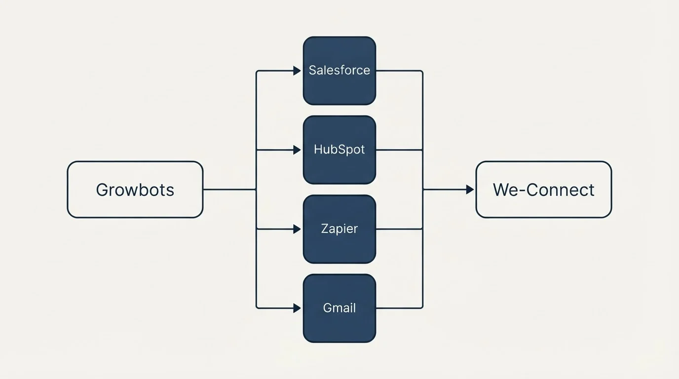 Integration flow: Integration Ecosystem (Growbots, We-Connect, Salesforce, HubSpot)