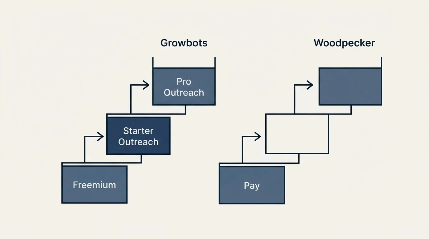 Pricing ladder: Pricing Comparison (Growbots, Woodpecker, Freemium, Pay)