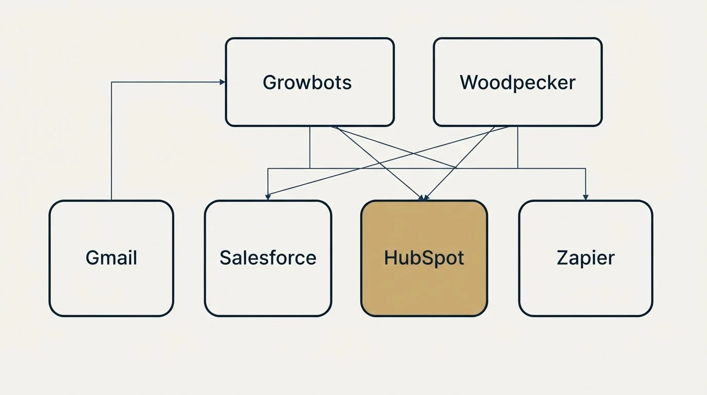 Integration grid: Integration Ecosystem (Growbots, Woodpecker, Salesforce, HubSpot)