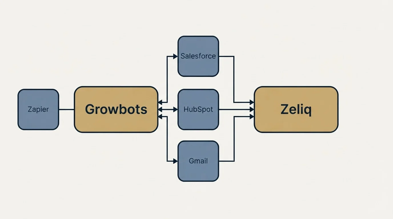 Integration schematic: Integration Ecosystem (Growbots, Zeliq, Salesforce, HubSpot)