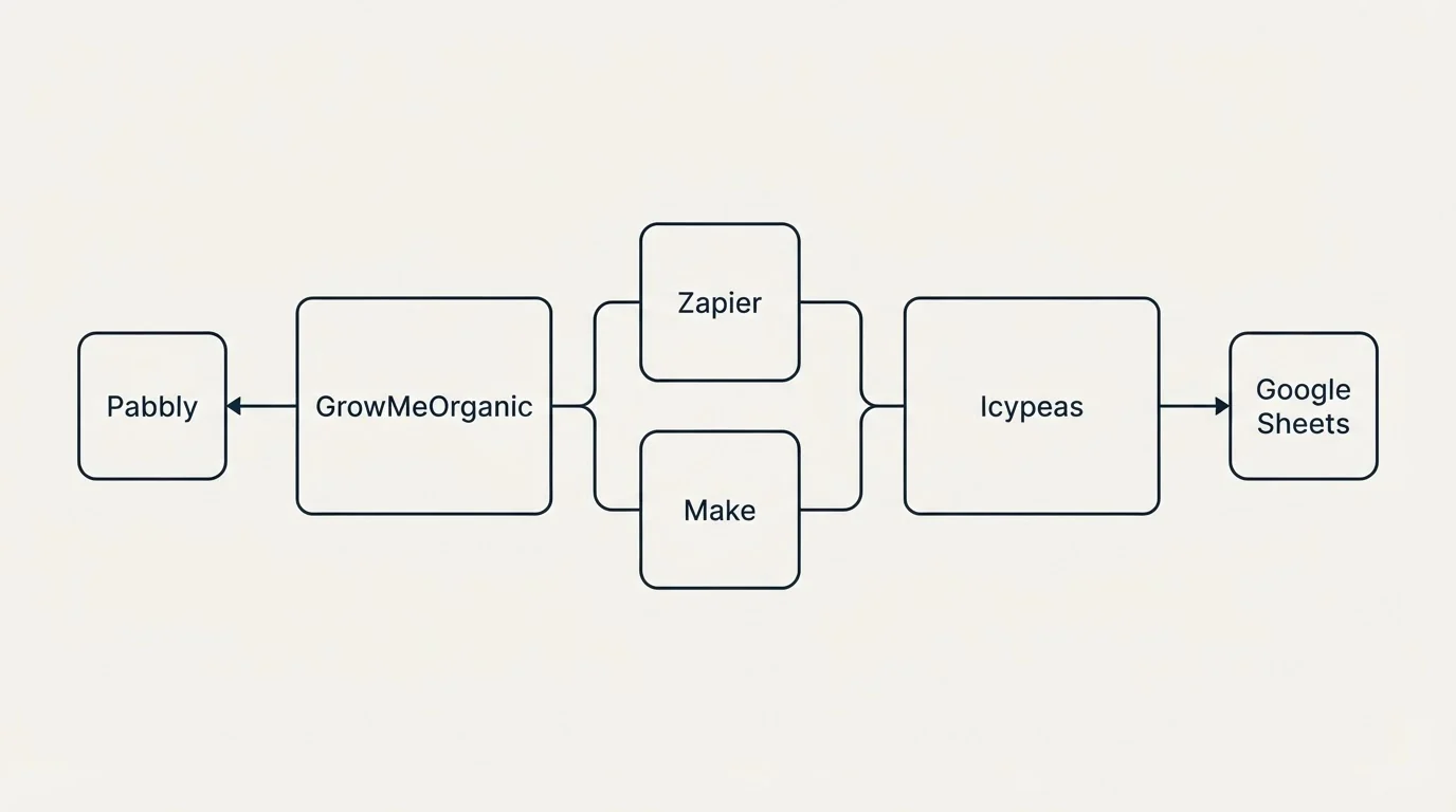 Integration schematic: Integration Ecosystem (GrowMeOrganic, Icypeas, Zapier, Make)