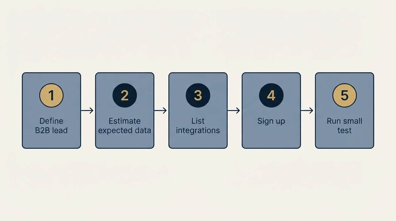 Step sequence: Getting Started Checklist (Define B2B lead, Estimate expected data, List integrations, Sign up)