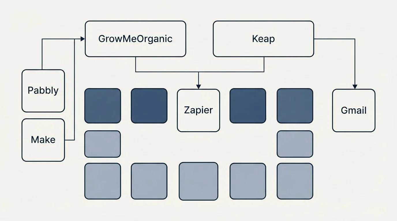 Integration grid: Integration Ecosystem (GrowMeOrganic, Keap, Zapier, Pabbly)