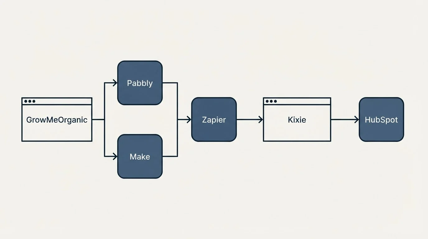 Integration flow: Integration Ecosystem (GrowMeOrganic, Kixie, Zapier, Pabbly)