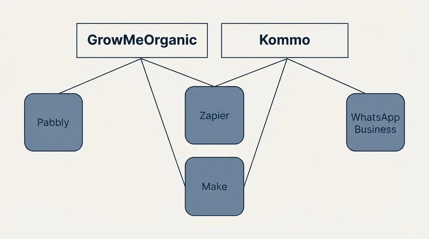 Integration grid: Integration Ecosystem (GrowMeOrganic, Kommo, Zapier, Make)
