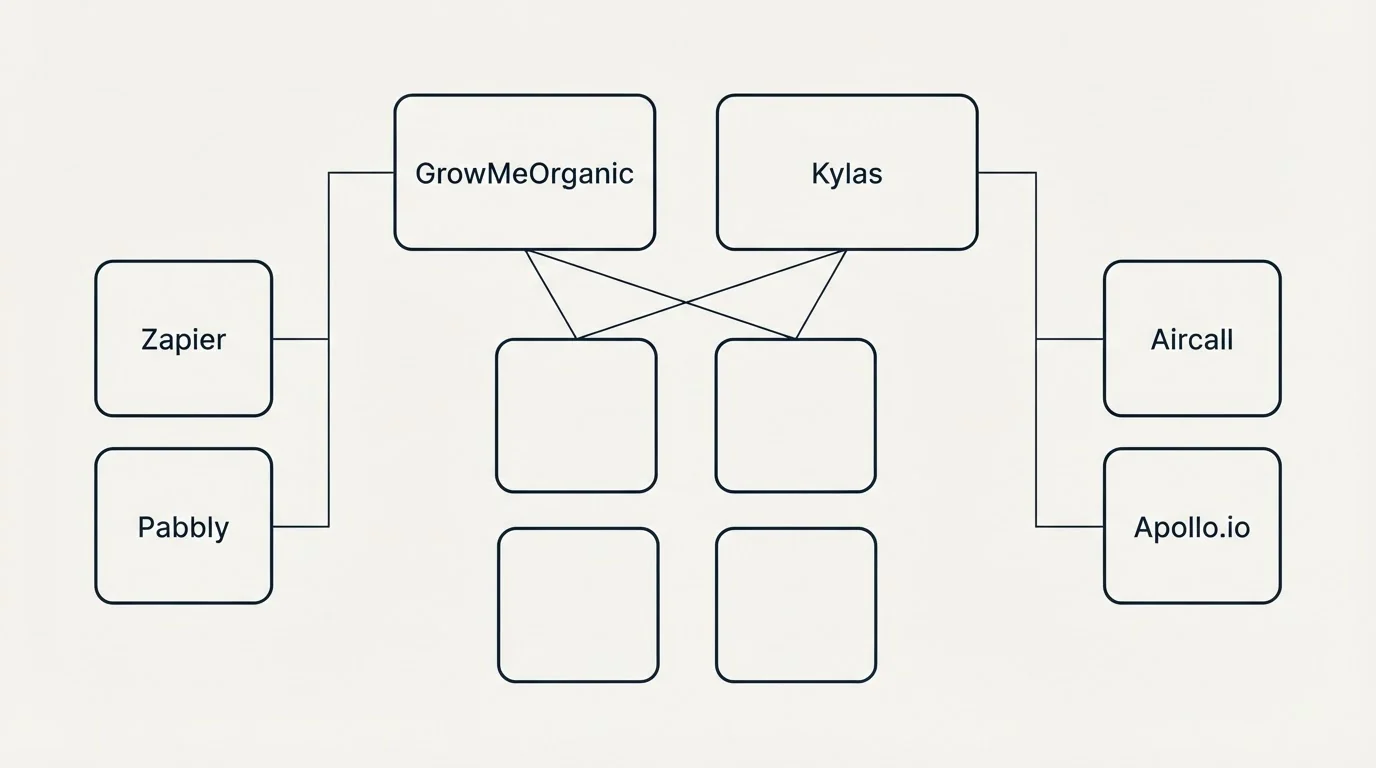 Integration grid: Integration Ecosystem (GrowMeOrganic, Kylas, Zapier, Aircall)