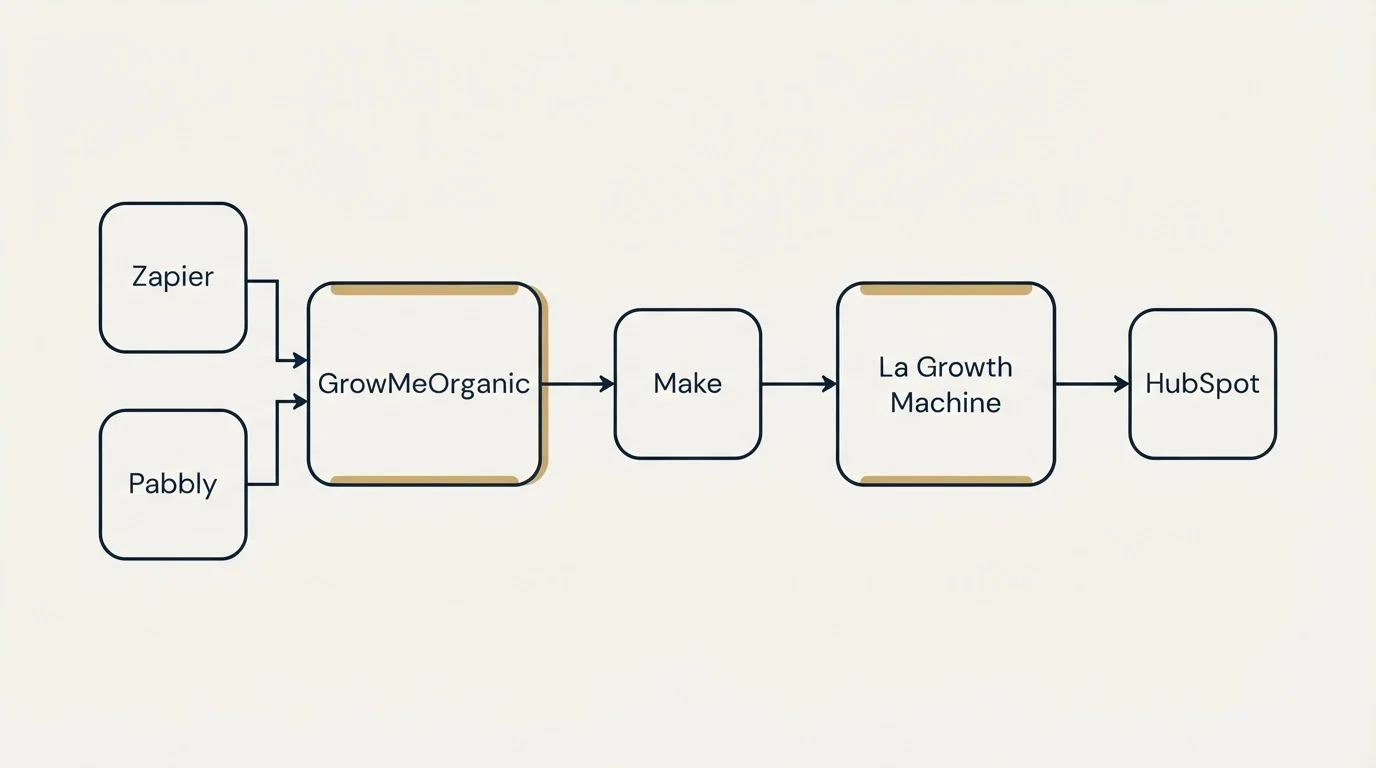 Integration schematic: Integration Ecosystem (GrowMeOrganic, La Growth Machine, Make, Zapier)