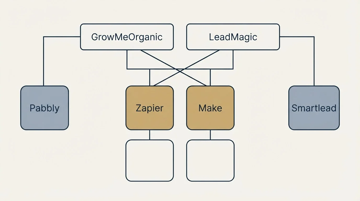 Integration grid: Integration Ecosystem (GrowMeOrganic, LeadMagic, Zapier, Make)