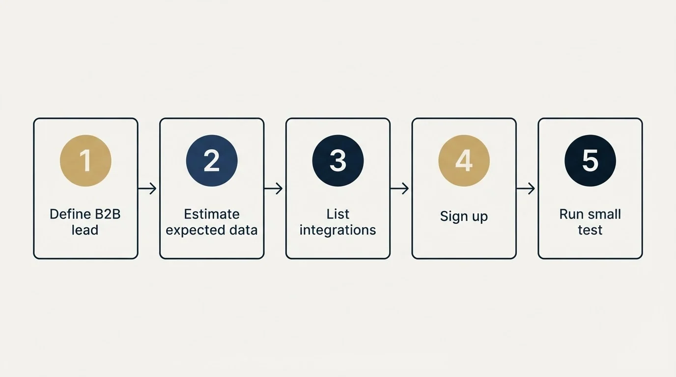 Step sequence: Getting Started Checklist (Define B2B lead, Estimate expected data, List integrations, Sign up)