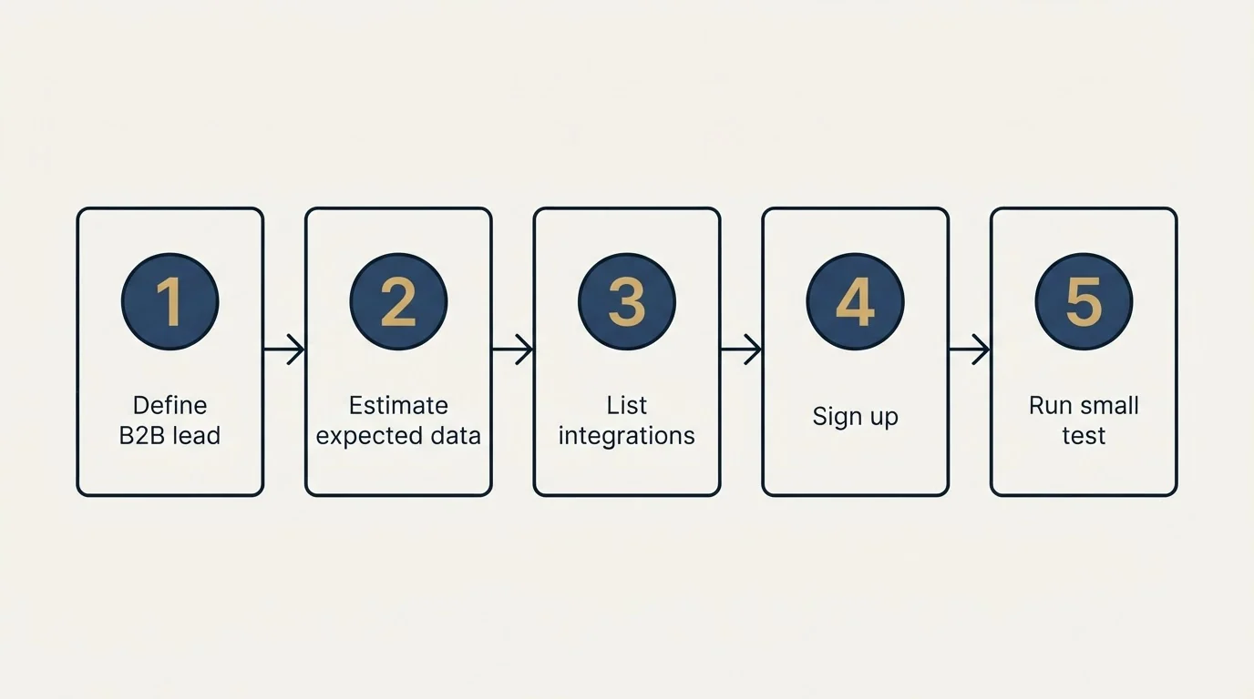 Step sequence: Getting Started Checklist (Define B2B lead, Estimate expected data, List integrations, Sign up)