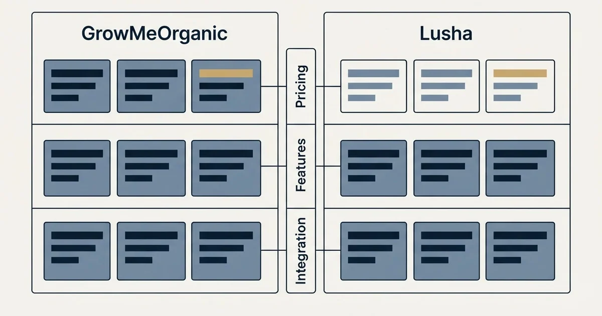 Comparison panel: GrowMeOrganic vs Lusha (Pricing, Features, Integration)
