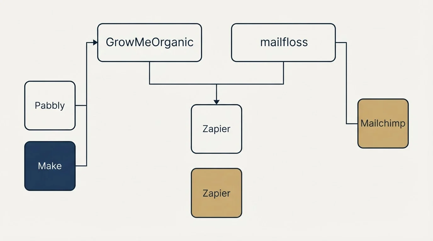 Integration grid: Integration Ecosystem (GrowMeOrganic, mailfloss, Zapier, Pabbly)
