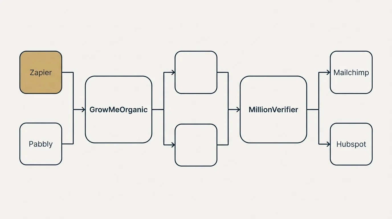 Integration flow: Integration Ecosystem (GrowMeOrganic, MillionVerifier, Zapier, Mailchimp)