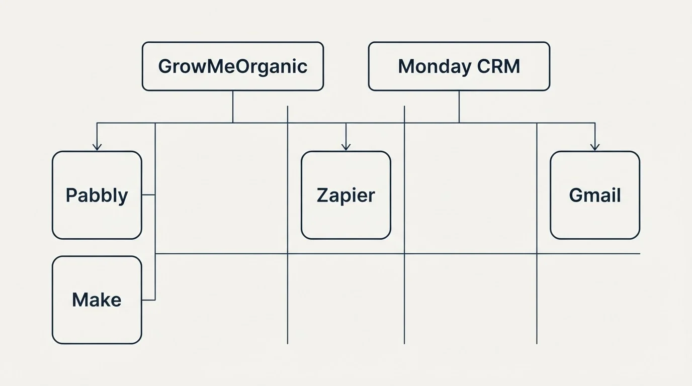 Integration grid: Integration Ecosystem (GrowMeOrganic, Monday CRM, Zapier, Pabbly)