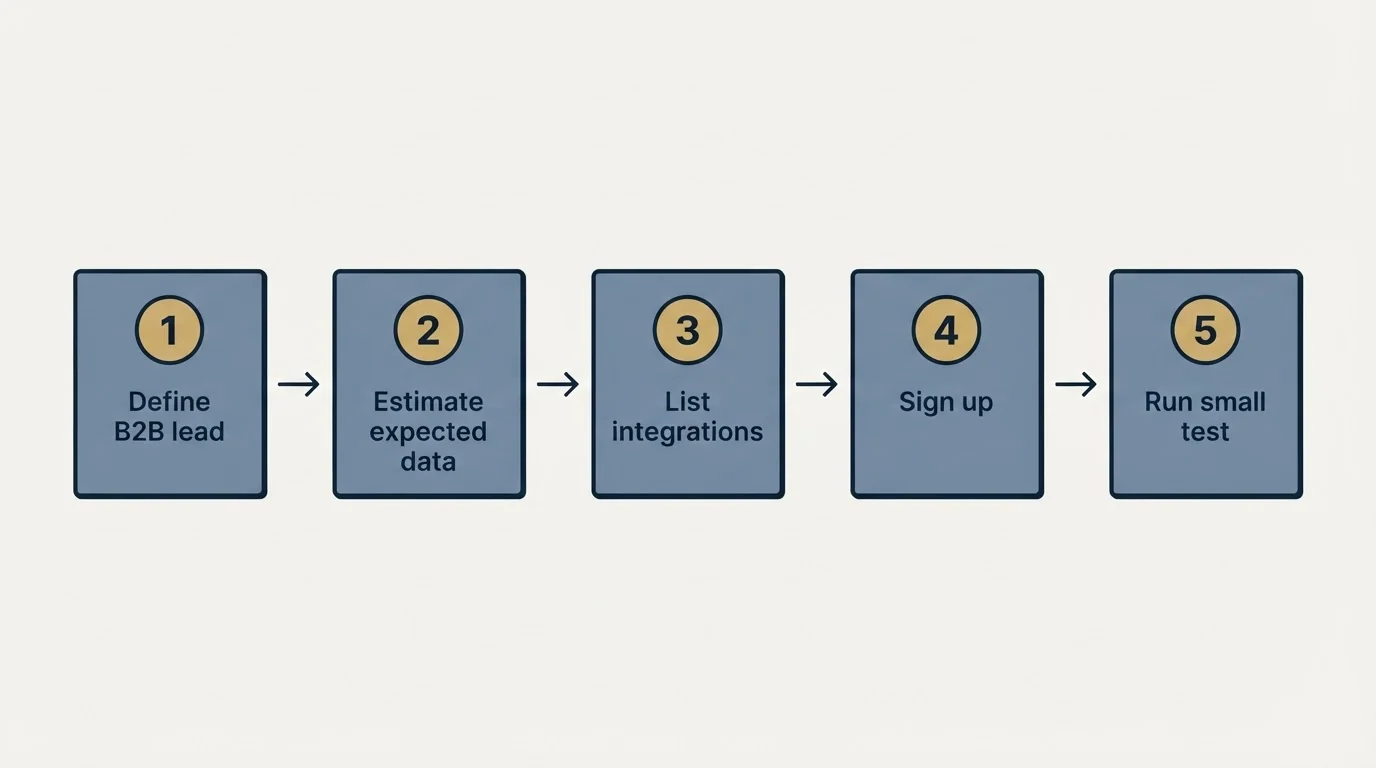 Step sequence: Getting Started Checklist (Define B2B lead, Estimate expected data, List integrations, Sign up)