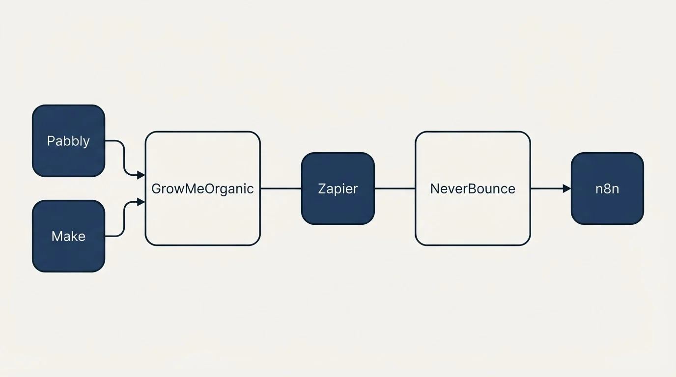 Integration schematic: Integration Ecosystem (GrowMeOrganic, NeverBounce, Zapier, Pabbly)