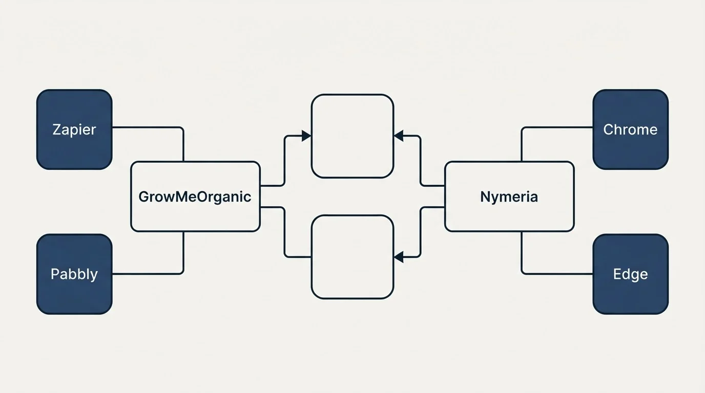 Integration schematic: Integration Ecosystem (GrowMeOrganic, Nymeria, Zapier, Chrome)
