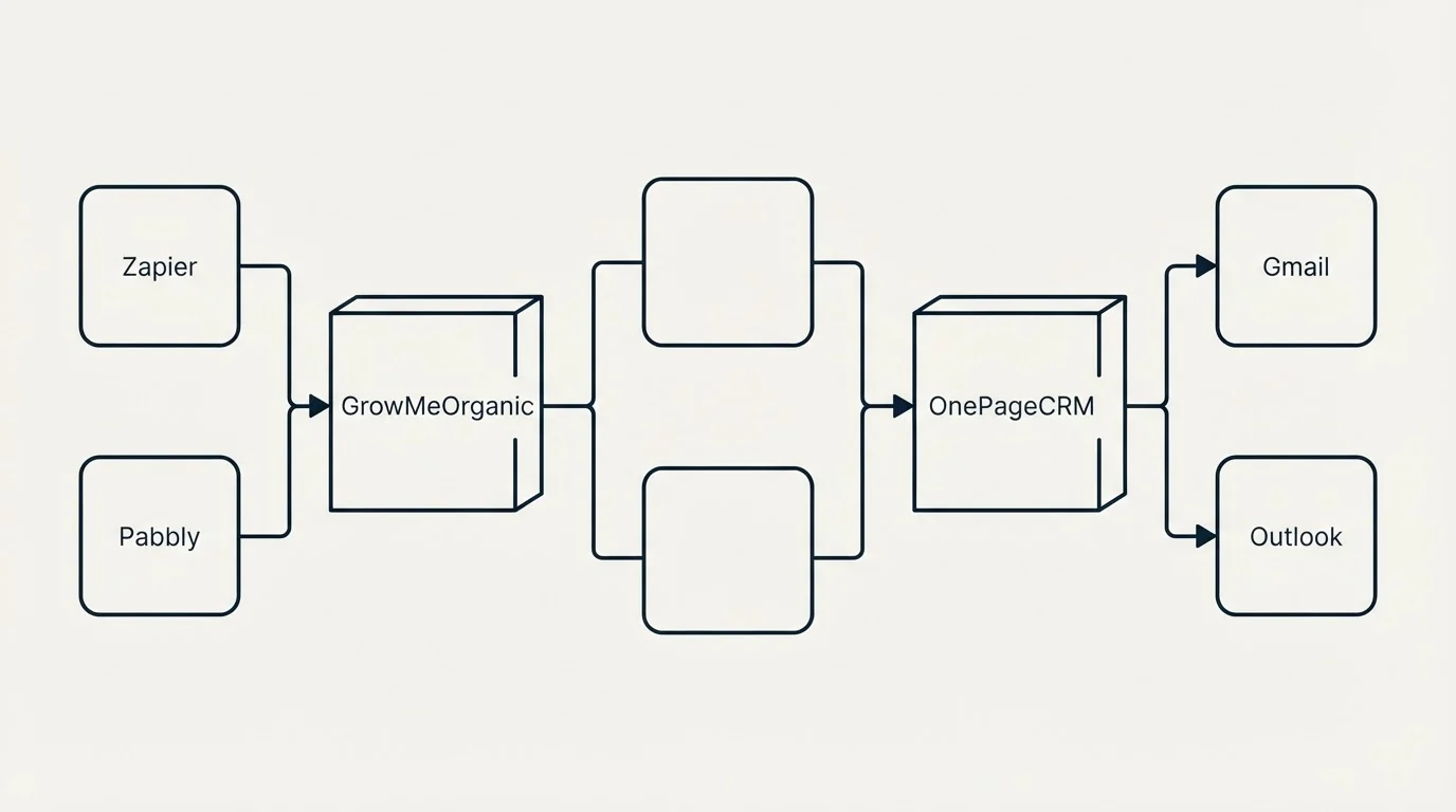 Integration flow: Integration Ecosystem (GrowMeOrganic, OnePageCRM, Zapier, Gmail)