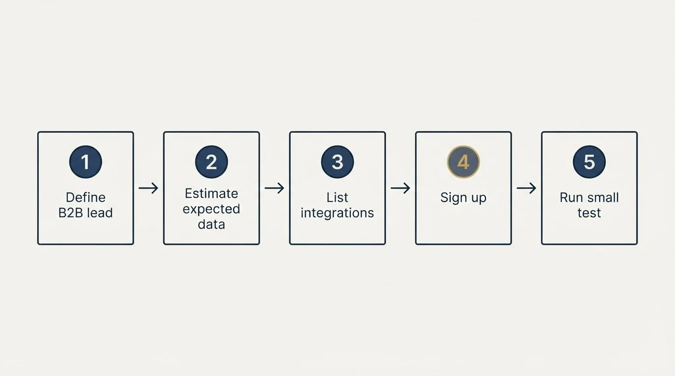 Step sequence: Getting Started Checklist (Define B2B lead, Estimate expected data, List integrations, Sign up)
