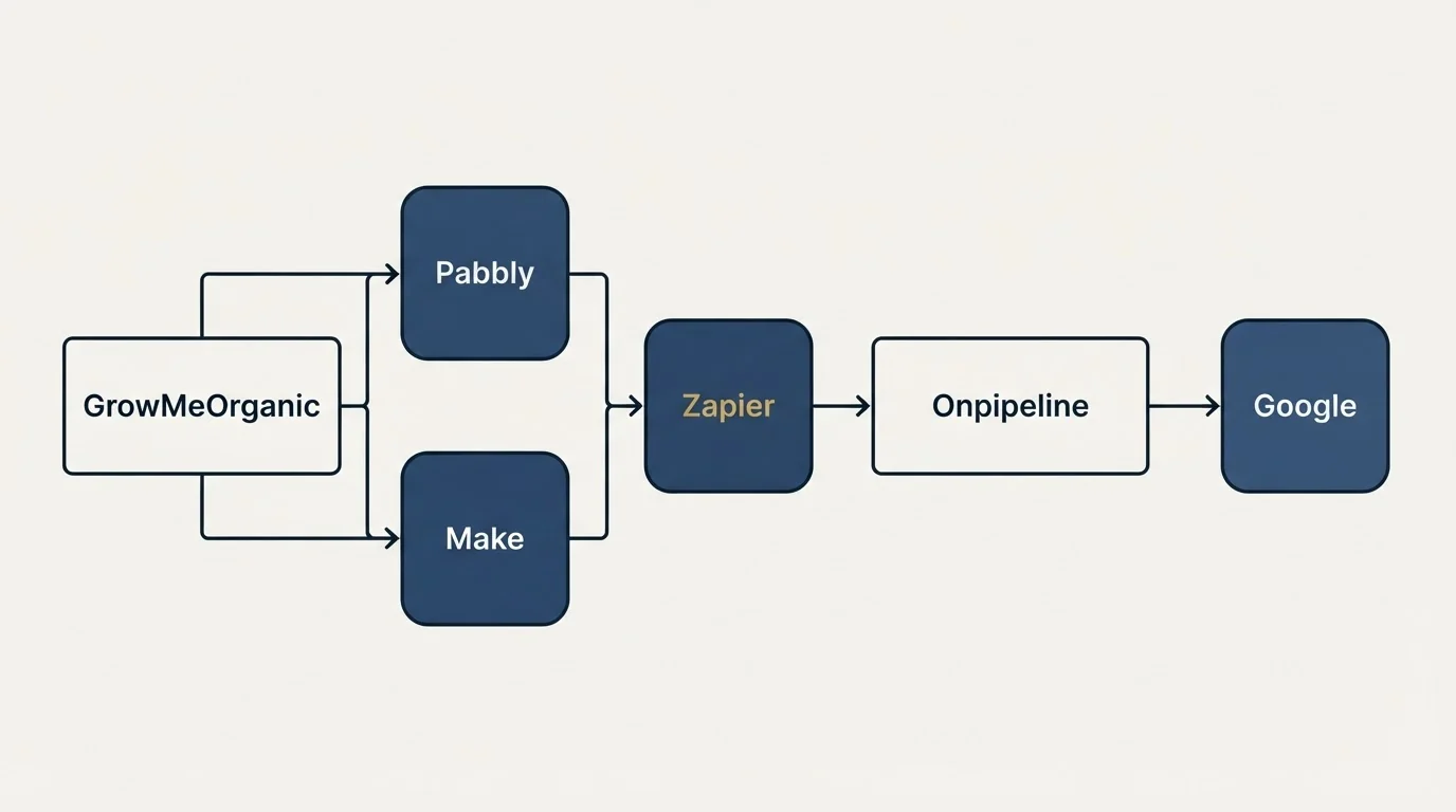 Integration flow: Integration Ecosystem (GrowMeOrganic, Onpipeline, Zapier, Pabbly)
