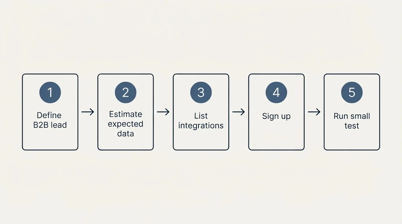 Step sequence: Getting Started Checklist (Define B2B lead, Estimate expected data, List integrations, Sign up)