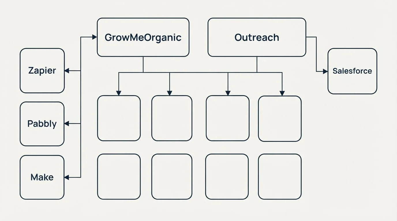 Integration grid: Integration Ecosystem (GrowMeOrganic, Outreach, Zapier, Salesforce)