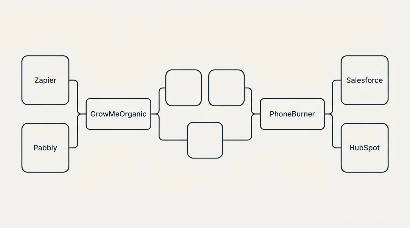 Integration schematic: Integration Ecosystem (GrowMeOrganic, PhoneBurner, Zapier, Salesforce)