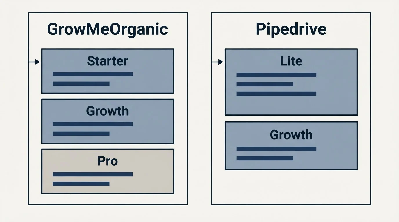 Pricing panels: Pricing Comparison (GrowMeOrganic, Pipedrive, Starter, Lite)