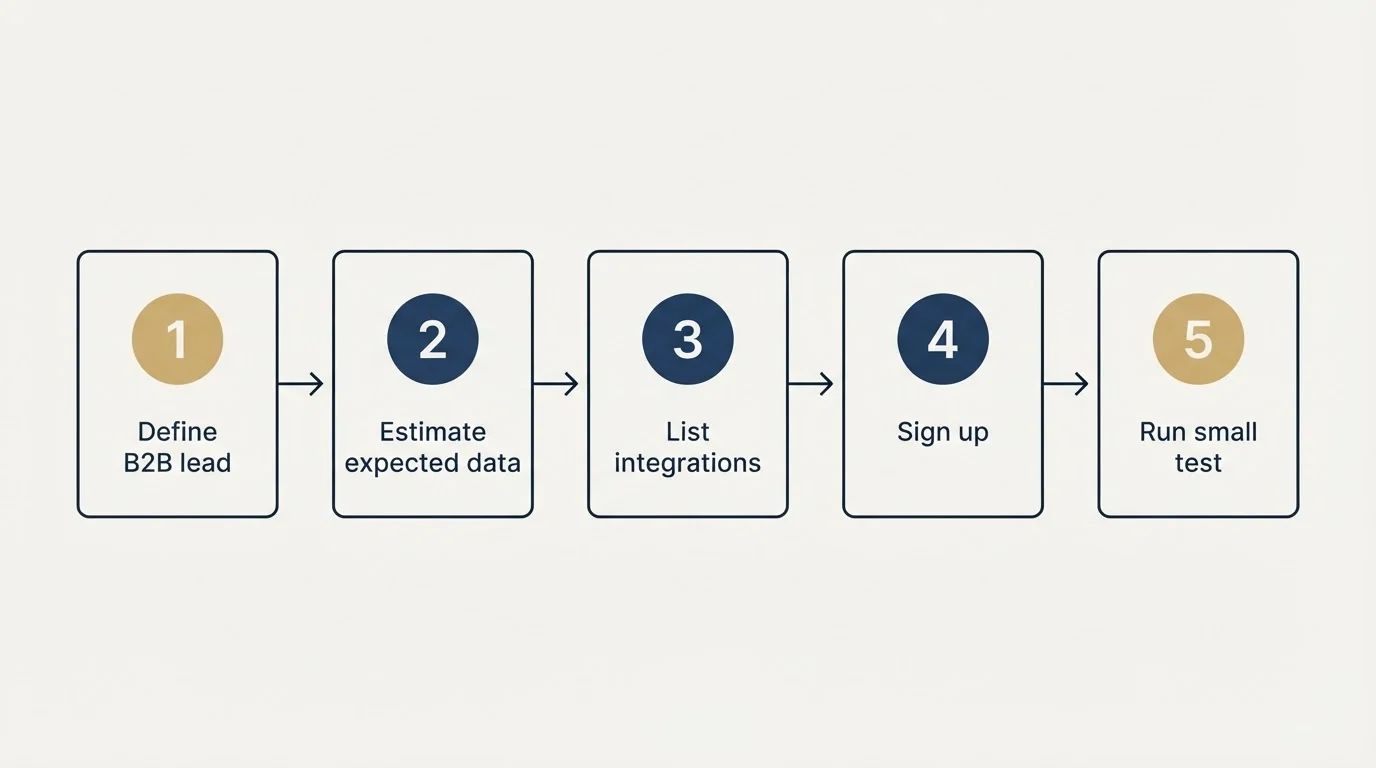 Step sequence: Getting Started Checklist (Define B2B lead, Estimate expected data, List integrations, Sign up)