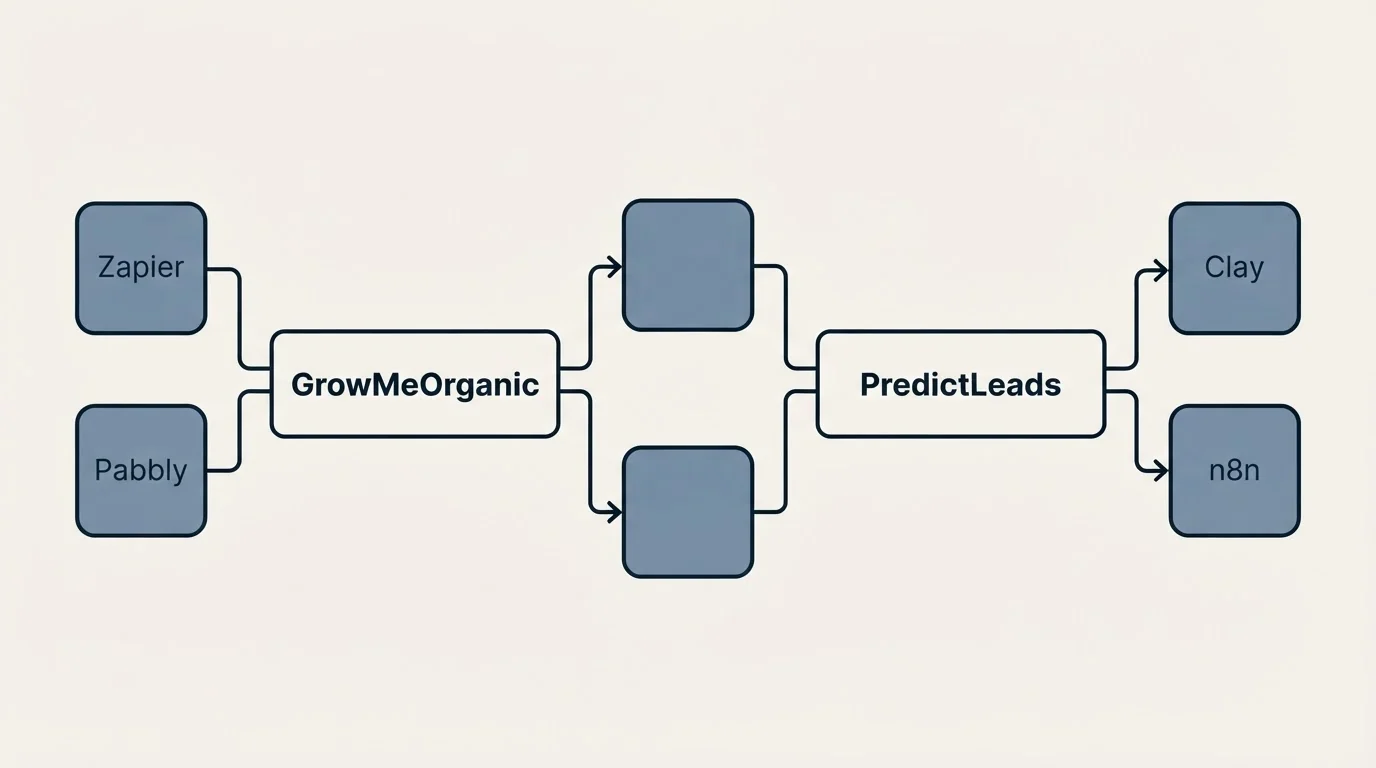 Integration schematic: Integration Ecosystem (GrowMeOrganic, PredictLeads, Zapier, Clay)