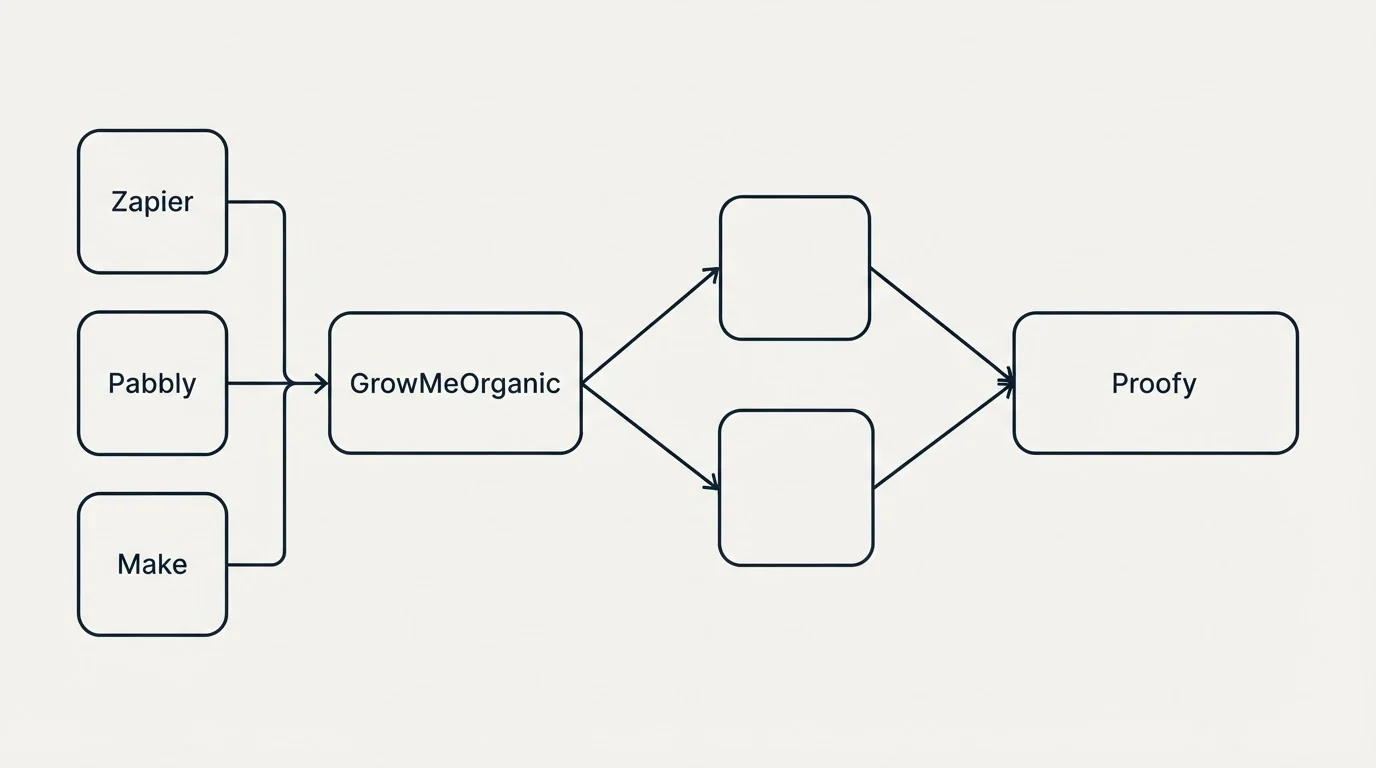 Integration schematic: Integration Ecosystem (GrowMeOrganic, Proofy, Zapier, Pabbly)