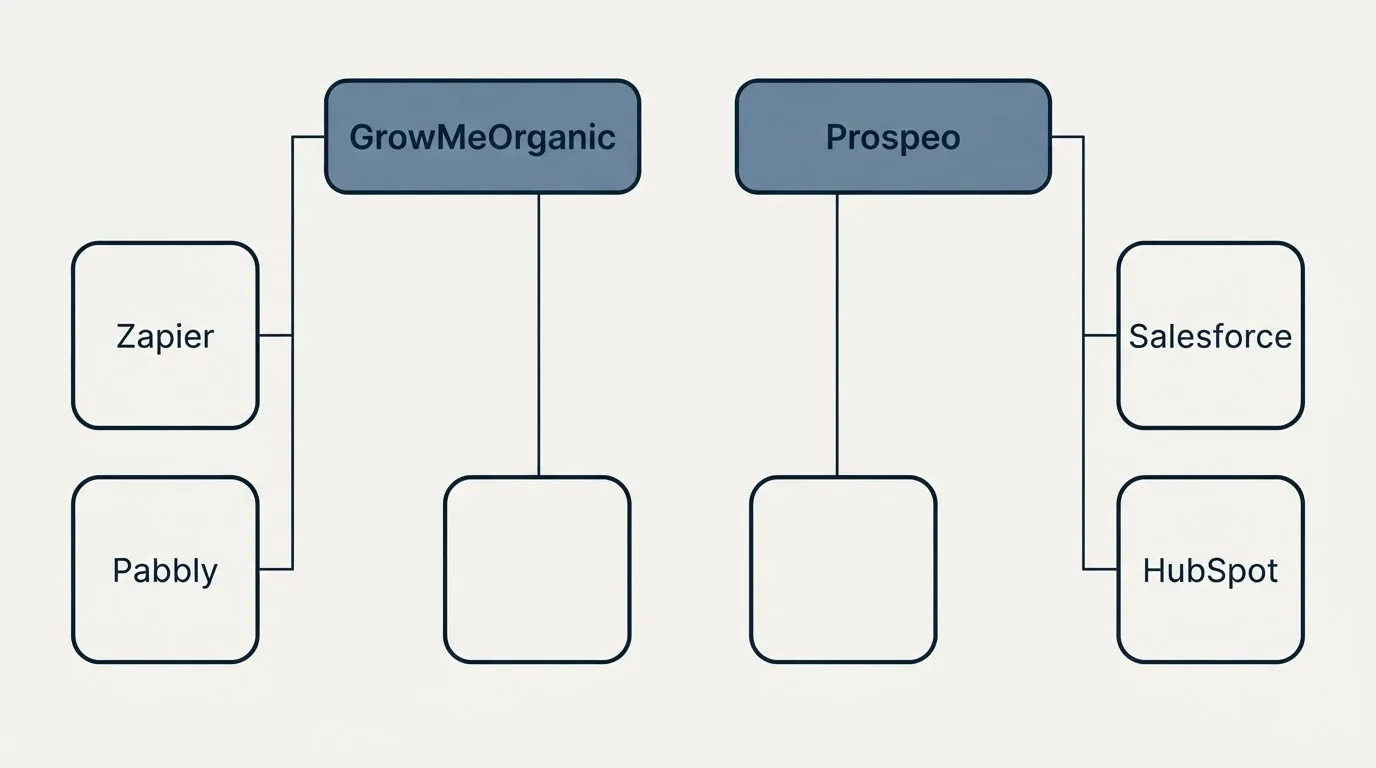Integration grid: Integration Ecosystem (GrowMeOrganic, Prospeo, Zapier, Salesforce)