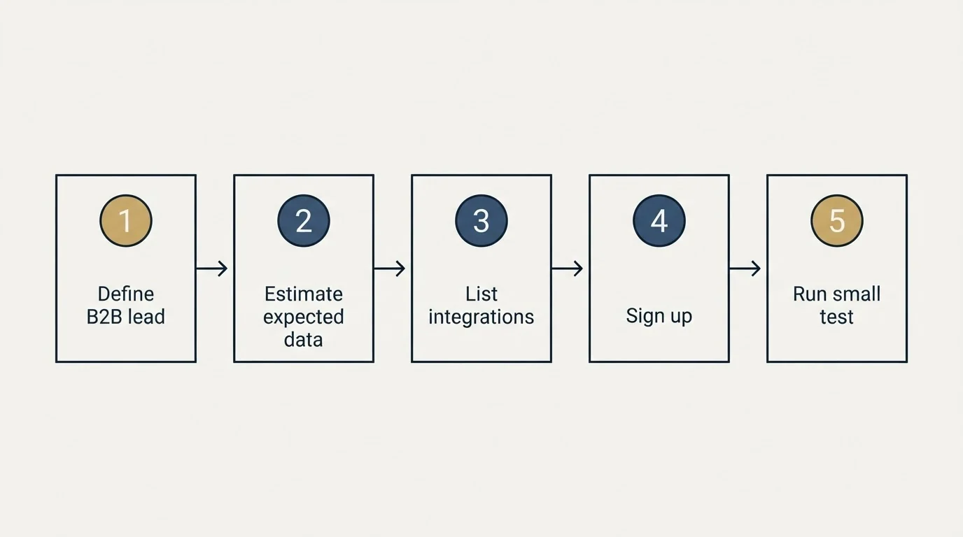 Step sequence: Getting Started Checklist (Define B2B lead, Estimate expected data, List integrations, Sign up)