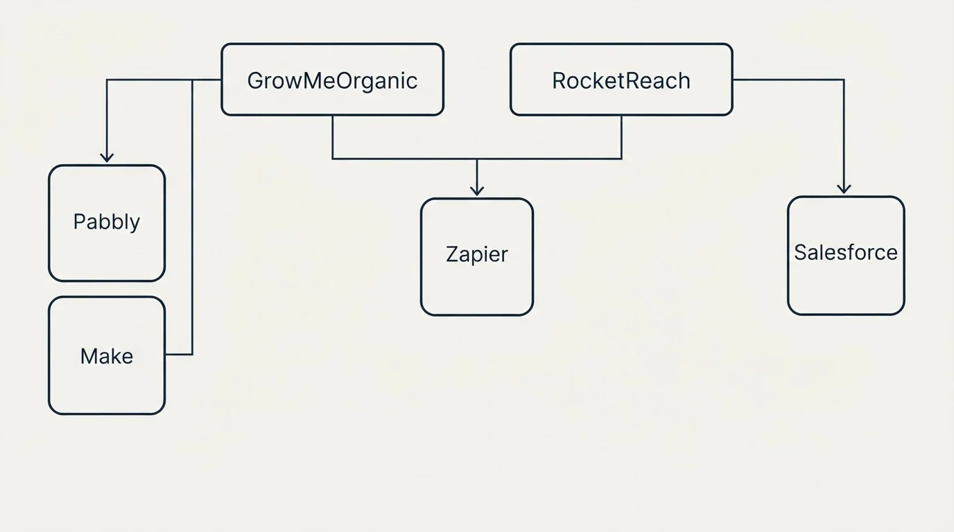 Integration grid: Integration Ecosystem (GrowMeOrganic, RocketReach, Zapier, Pabbly)