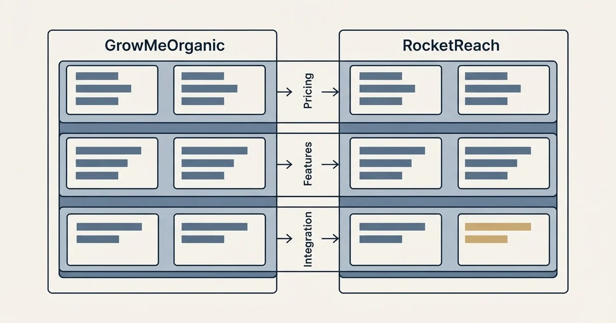 Comparison panel: GrowMeOrganic vs RocketReach (Pricing, Features, Integration)
