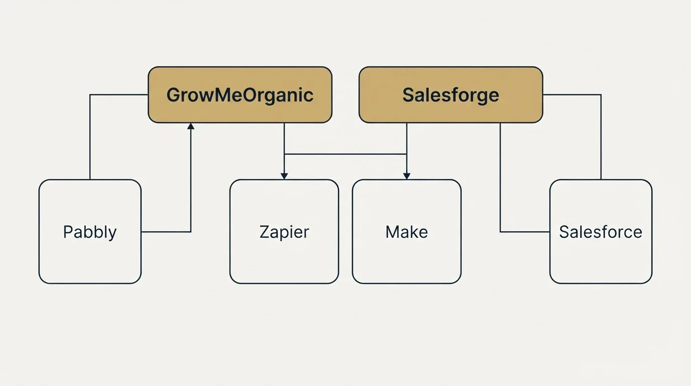Integration grid: Integration Ecosystem (GrowMeOrganic, Salesforge, Zapier, Make)
