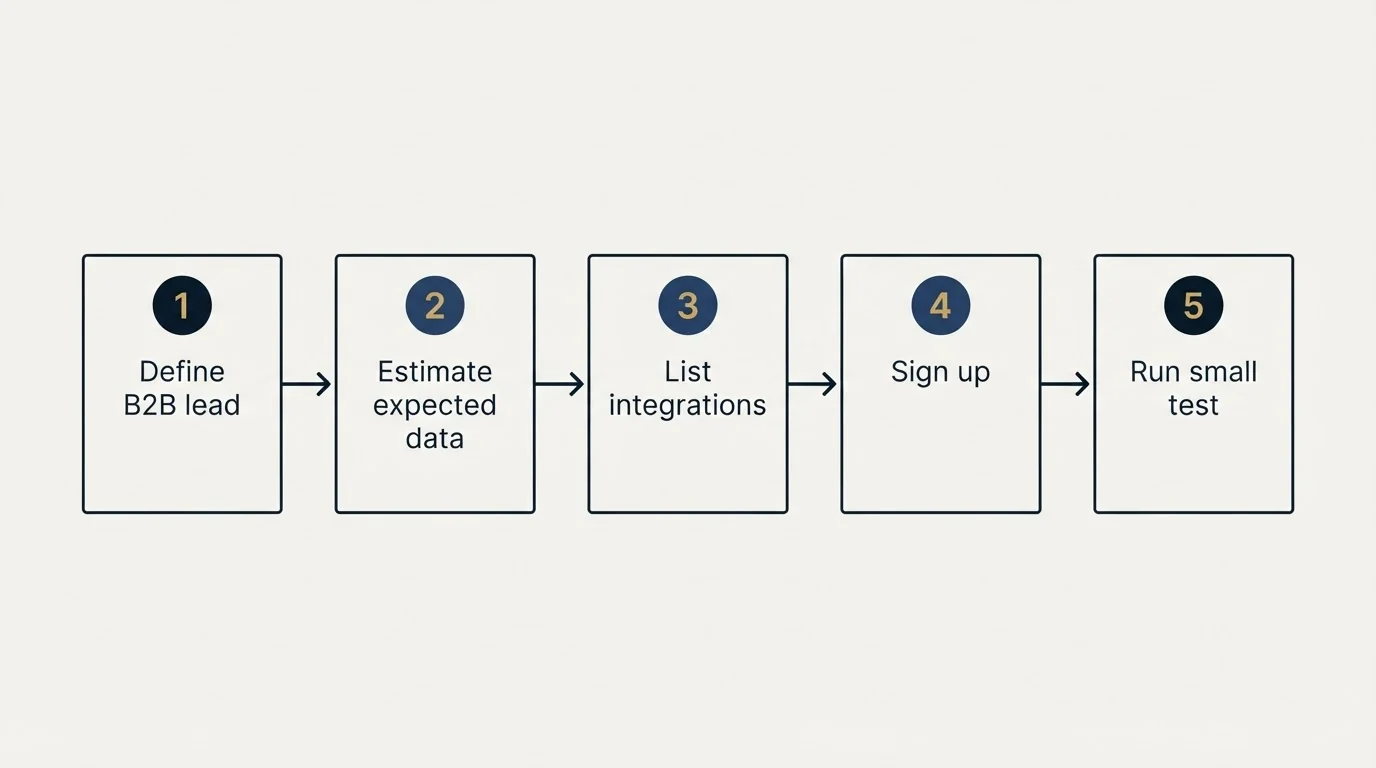 Step sequence: Getting Started Checklist (Define B2B lead, Estimate expected data, List integrations, Sign up)